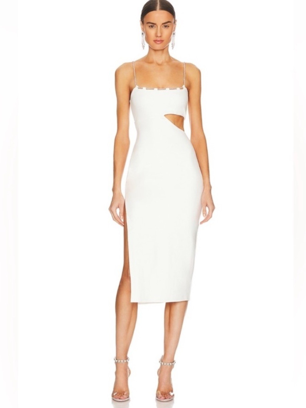 Lovers + Friends Charlotte Crystal Embellished Neck Midi Dress in White